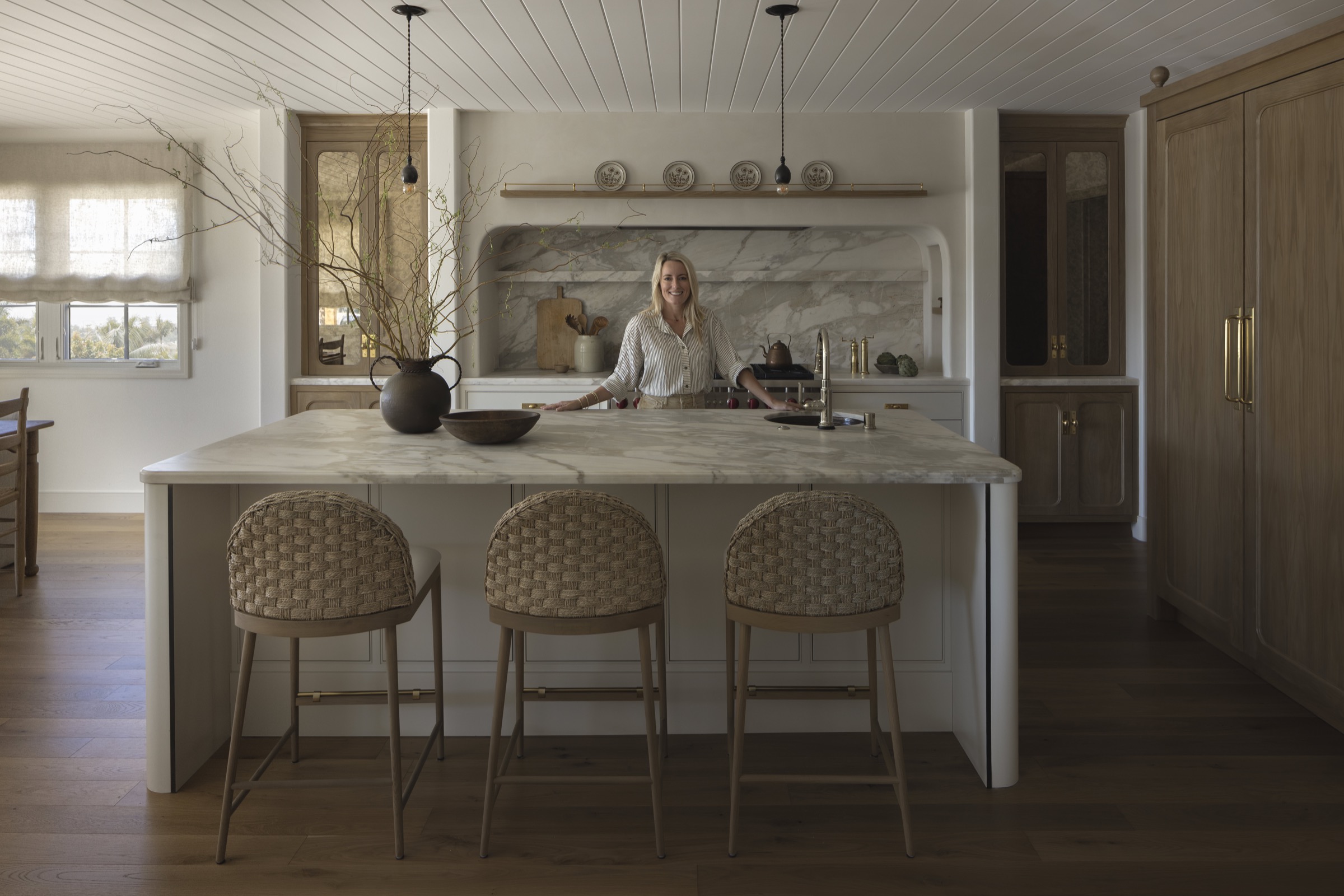 Modern kitchen interior with marble countertops and stylish cabinetry. Perfect for contemporary home.